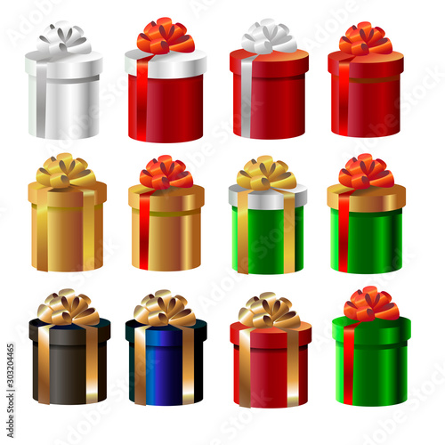 Vector illustration of colored round boxes with bows. An isolated image of christmas boxes. Christmas presents.