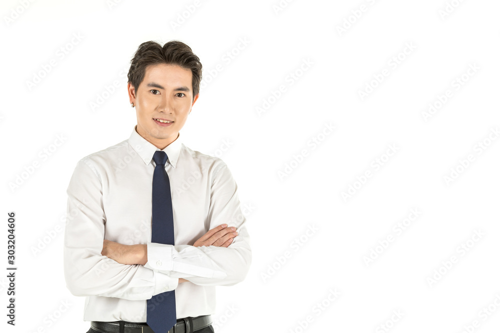 Portrait of smart smiling young asian businessman with white shirt and blue tie on isolated white background and copy space. Portrait of smart smiling young asian businessman with white shirt and blue tie on isolated white background and copy space.