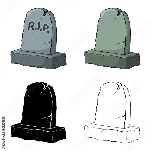 Gravestone set with cracks, rest in peace inscription , outline , empty and silhouette isolate on white background