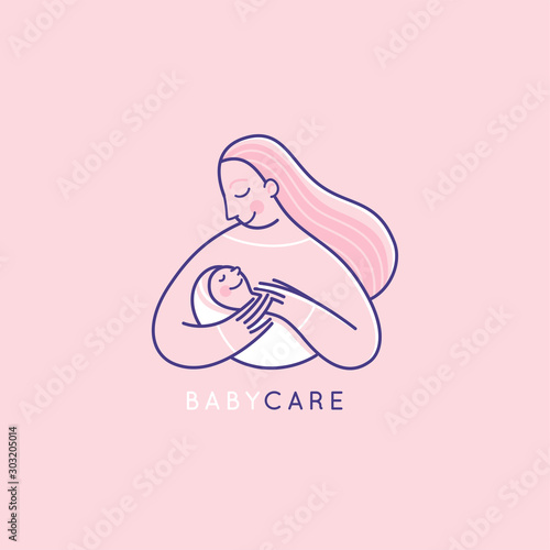 Vector logo design template and emblem in simple line style - happy mother and child - badge for children store and baby care centers, babysitting and nanny service