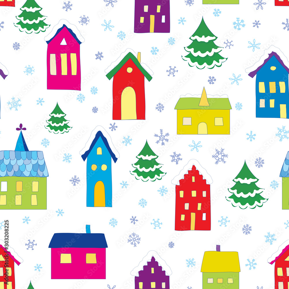 Seamless winter pattern with stylized European houses and snowflakes. Merry Christmas! Happy New year! Seamless winter pattern with stylized European houses and snowflakes. Merry Christmas! Happy New year!