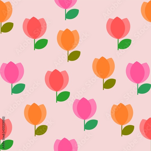 Seamless Colorful tulip flowers pattern on light pink background