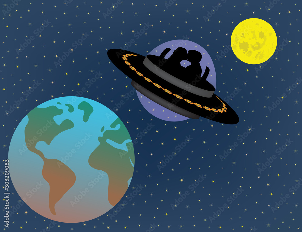 Love couple is flying in UFO alien spaceship above and between earth and moon in the future time. Science fiction and life in the future. Futuristic prediction illustration. Love couple is flying in UFO alien spaceship above and between earth and moon in the future time. Science fiction and life in the future. Futuristic prediction illustration.