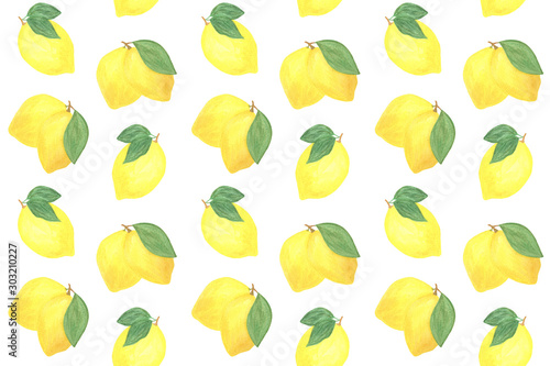 Lemons and leaves repeat pattern on the white background  watercolor hand drawn ornament
