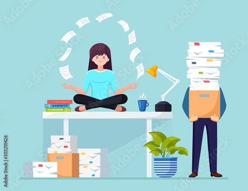 Woman doing yoga at workplace in office. Worker sitting in padmasana lotus pose on desk with flying paper, meditating, relaxing, calm down manage stress. Busy businessman with stack of paper