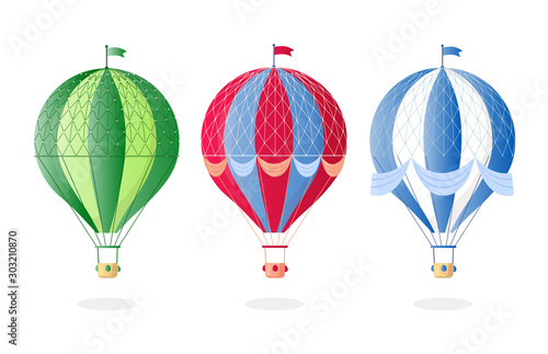 Vintage retro hot air balloon with basket in sky isolated on background. Vector cartoon design