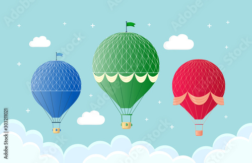 Set of vintage retro hot air balloon with basket in sky isolated on background. Vector cartoon design