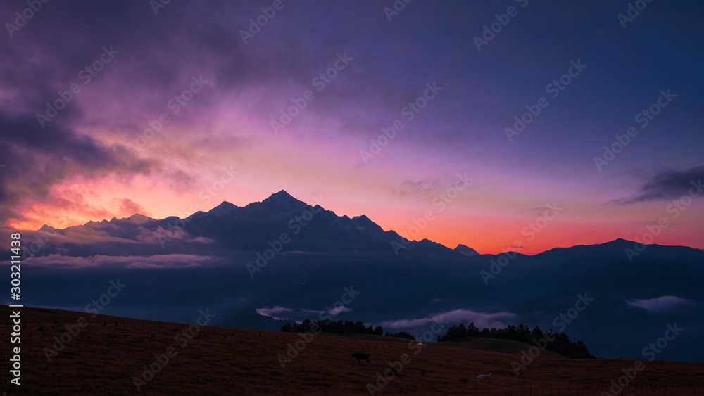 Sunrise in Zuruldi mountains - popular trek in Svaneti, Georgia. 