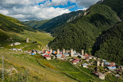 Adishi village in Caucasus Mountain - popular trek in Svaneti, Georgia.  photo