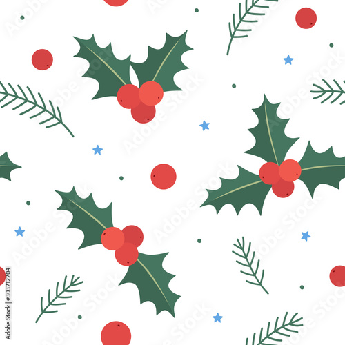 Seamless pattern with Christmas holly berries and sprigs of fir. New Year picture. It can be used to decorate holiday packages, wrapping paper, textiles. Vector illustration on white background.