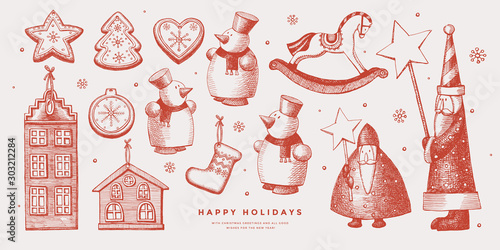 Collection of Christmas toys and decorations in retro style. Wooden Santa Clauses with stars, snowmen, wooden rocking horse, old houses. Decor for the Christmas holiday. Vector illustration.