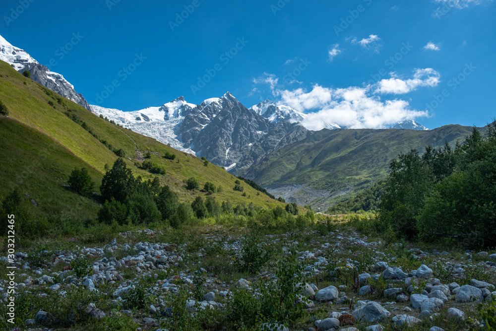 Adishi Glacier in Caucasus Mountain - popular trek in Svaneti, Georgia. 