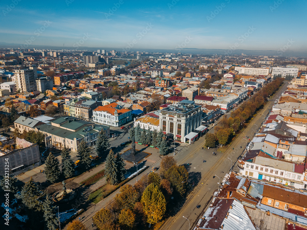 Obraz premium Vladikavkaz, capital of North Ossetia. Panorama of historical downtown from drone flight