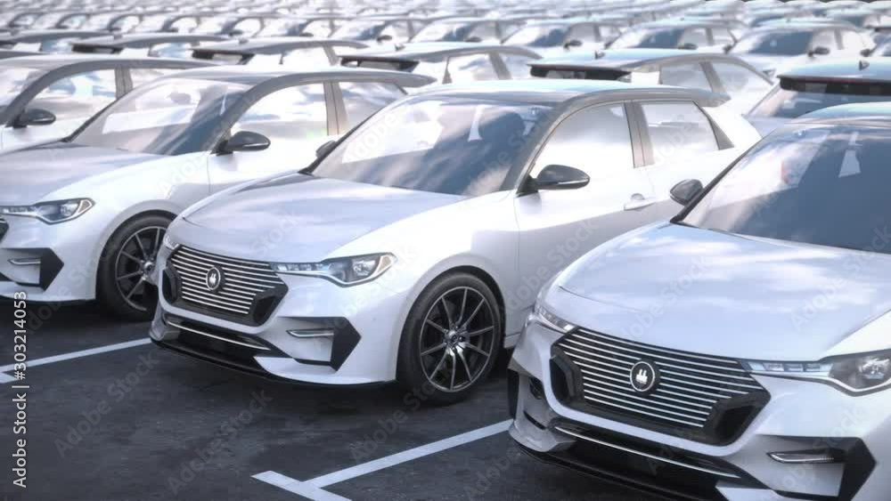 Tracking shot along rows of generic electric self driving cars on car on big storage parking lot. Seamless loop. Realistic high quality 3d animation. Tracking shot along rows of generic electric self driving cars on car on big storage parking lot. Seamless loop. Realistic high quality 3d animation.
