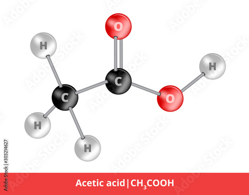 Vector ball-and-stick model of organic compound. Icon of acetic acid CH3COOH structure consisting of oxygen, hydrogen, carbon. Structural formula suitable for education isolated on a white background. photo