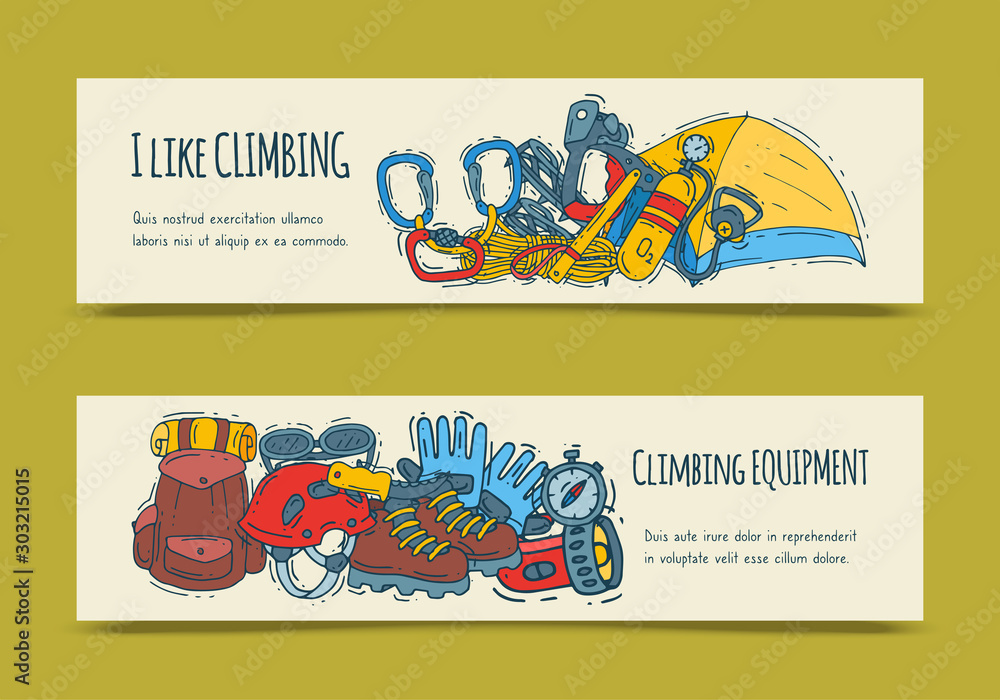 Mountain climbing, alpinism and mountaineering cartoon symbols banner. Hiking equipment vector illustration. Hike for web pages, sites and posters
