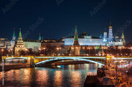 Russia, Moscow. View of Moscow Kremlin at night