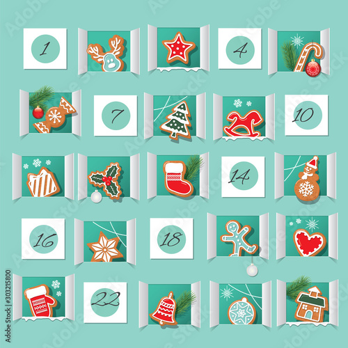 Advent calendar, decorated wirh gingerbread cookies. Countdown to Christmas. Vector