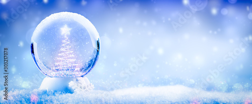Colorful Snow Globe With Christmas Tree And Star Made Of Lights And Soft Falling Snow Background - Christmas Concept