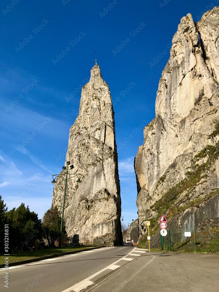 Road to Dinant between rock formations called Rocher Bayard 