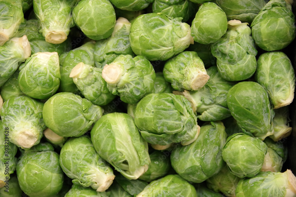 Close-up full frame view of organic Brussel Sprouts displayed at a market stand Close-up full frame view of organic Brussel Sprouts displayed at a market stand
