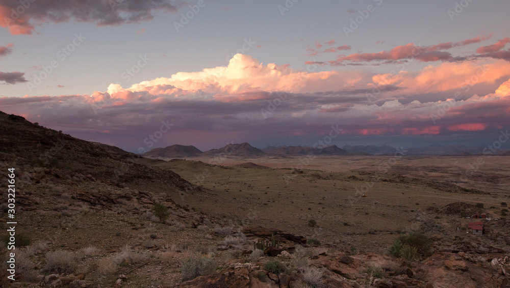 sunset in mountains of Guab Valley in Namibia near Solitaire 