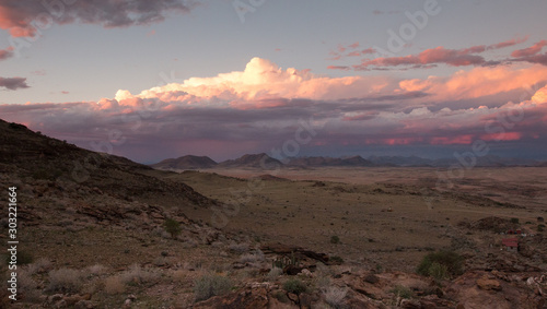 sunset in mountains of Guab Valley in Namibia near Solitaire 
