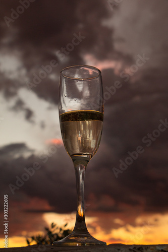 glass of wine on a background of vineyard