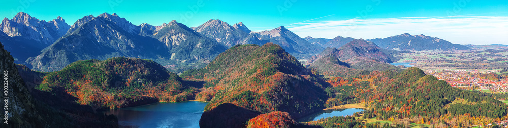 Top view panorama of Alpsee and Schwangau village in autumn