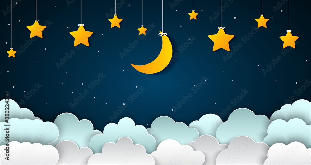 Fototapeta Półksiężyc z gwiazdami i chmurami na nocnym niebie. Księżyc i gwiazdy tapetujemy stylowego sztuki tło - akcyjny wektor