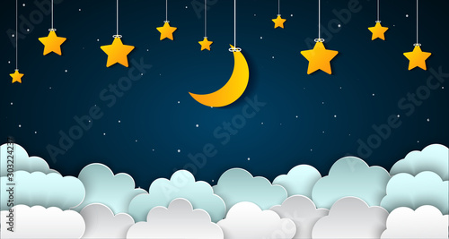 Fototapeta Półksiężyc z gwiazdami i chmurami na nocnym niebie. Księżyc i gwiazdy tapetujemy stylowego sztuki tło - akcyjny wektor