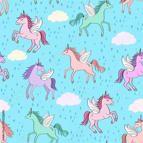 Seamless repeat pattern with pastel colors winged unicorns pegacorns flying in blue sky with clouds surrounded by twinkling stars