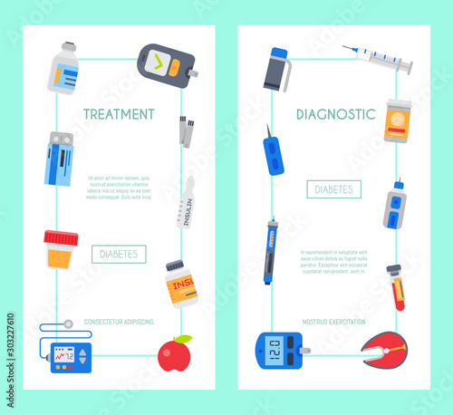 Diabetes mellitus care banner vector illustration. Doctor cares about diabetics. Sugar and insulin levels, healthy living for health. For posters, banners