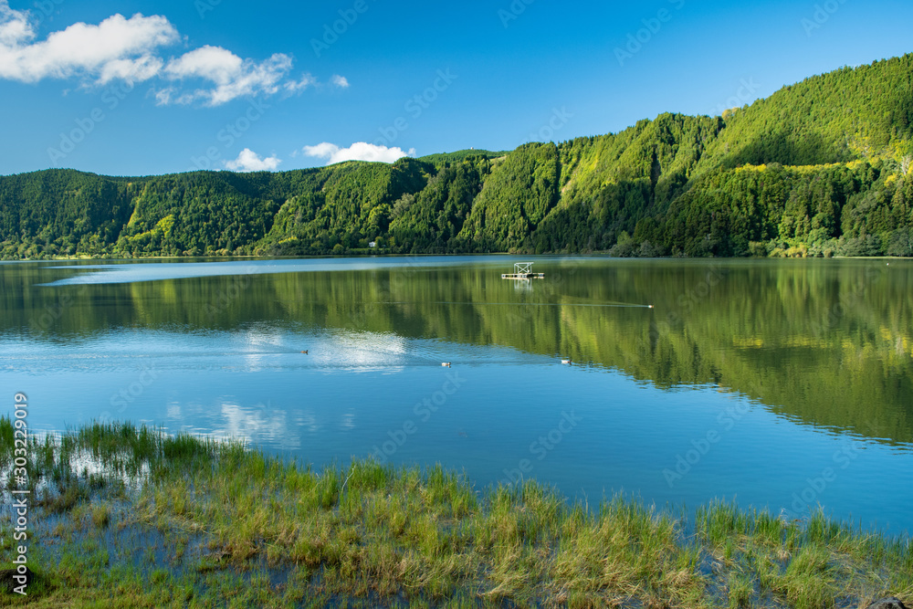 A beautiful and scenic view of Lagoa das Furnas (Furnas Lake) that fills a crater located in Furnas, São Miguel Island, Azores, Portugal.