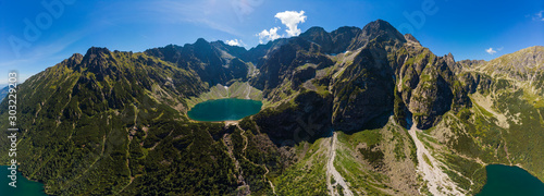 Panorama Aerial view of Black Lake below Mount Rysy. It overlooks the nearby lake of Morskie Oko, or Eye of the Sea in Tatra Mountains. Poland country