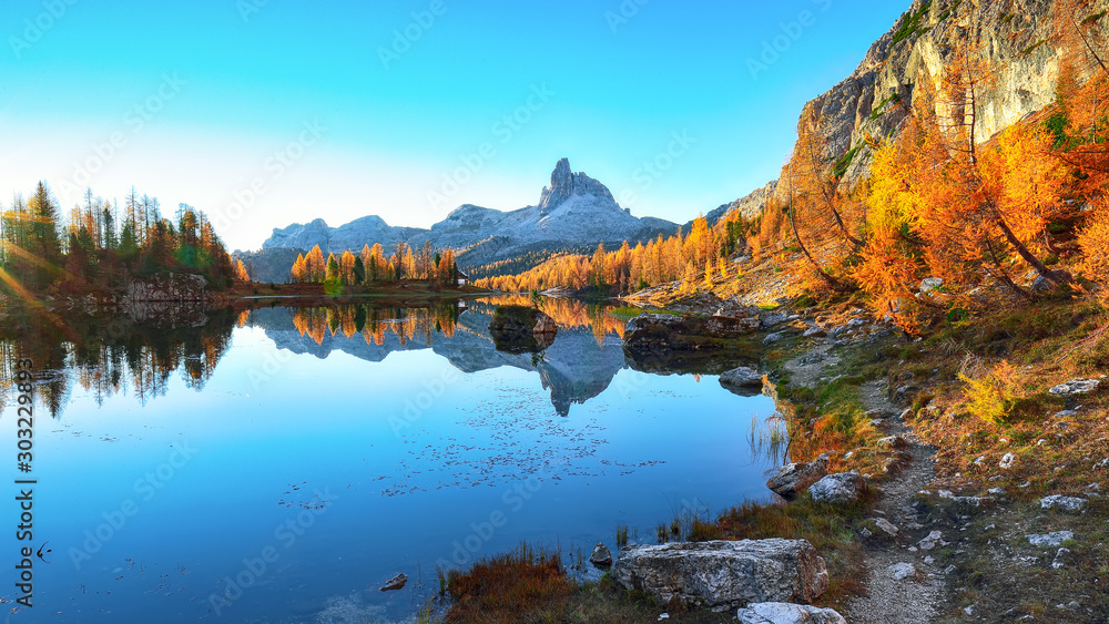 Wonderfull autumn view of  Lake Federa in Dolomites