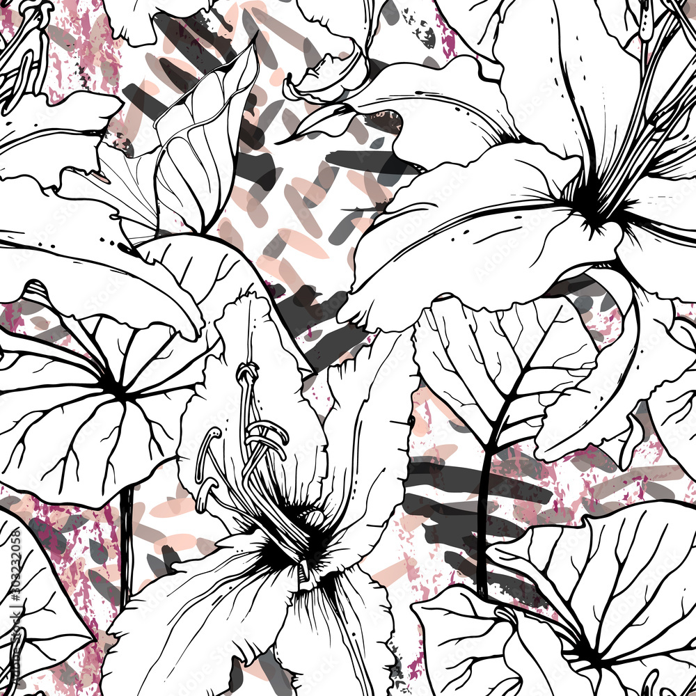 Fototapeta premium Floral Black and White Pattern. Pink