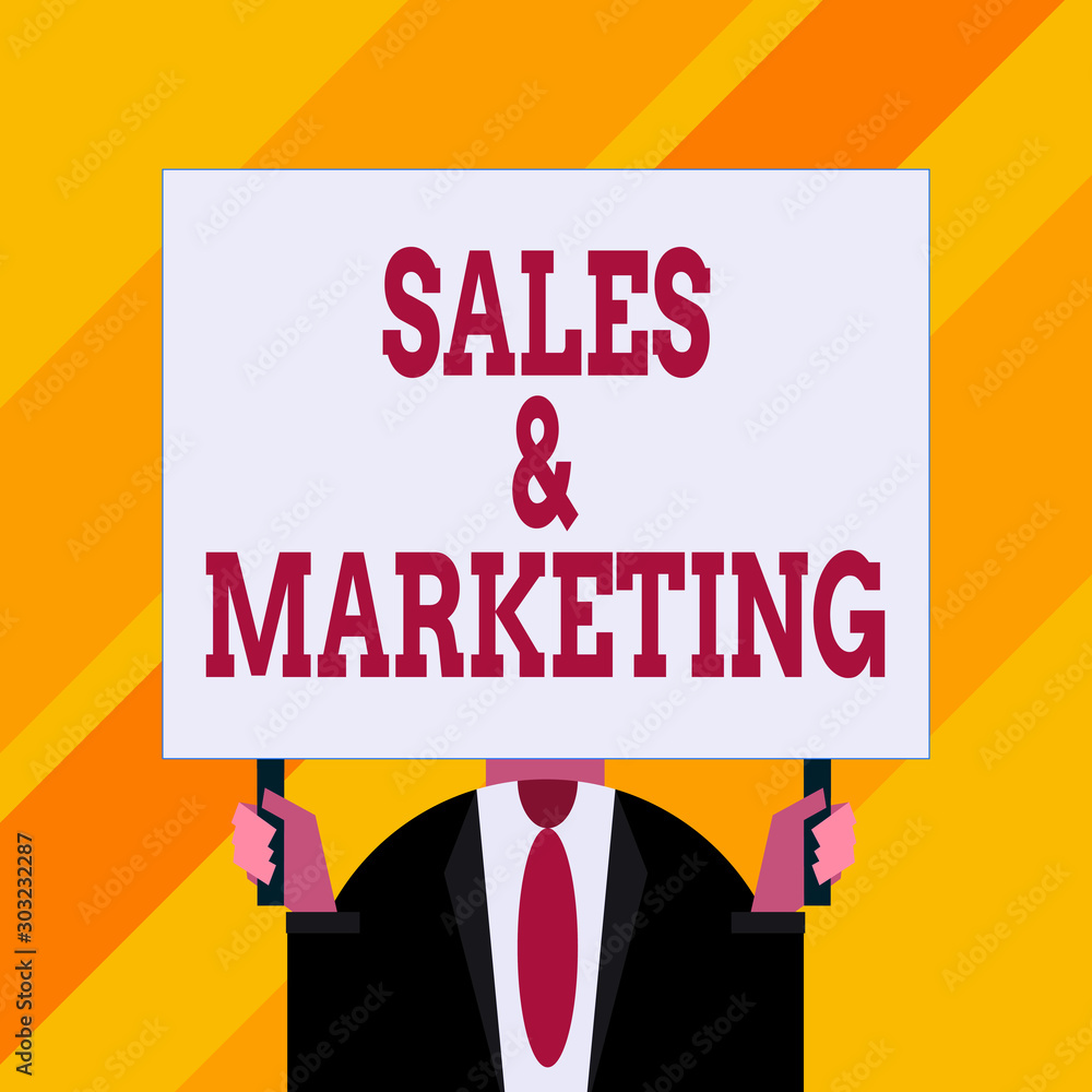 Conceptual hand writing showing Sales And Marketing. Concept meaning Promotion Selling Distribution of Goods or Services Just man chest dressed dark suit tie holding big rectangle Conceptual hand writing showing Sales And Marketing. Concept meaning Promotion Selling Distribution of Goods or Services Just man chest dressed dark suit tie holding big rectangle