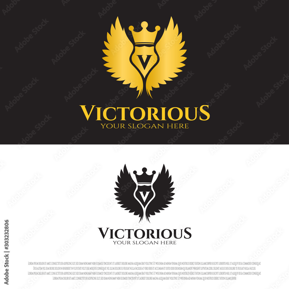 The winner's luxury brand logo with the concept of wings and crown. with the letter V. can be used for signs or symbols. hotel icon. vector illustration elements The winner's luxury brand logo with the concept of wings and crown. with the letter V. can be used for signs or symbols. hotel icon. vector illustration elements