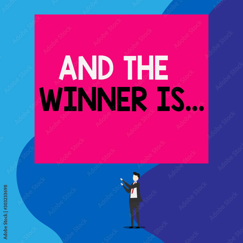 Text sign showing And The Winner Is. Business photo showcasing announcing a demonstrating or thing that wins something Isolated view young man standing pointing upwards two hands big rectangle Text sign showing And The Winner Is. Business photo showcasing announcing a demonstrating or thing that wins something Isolated view young man standing pointing upwards two hands big rectangle
