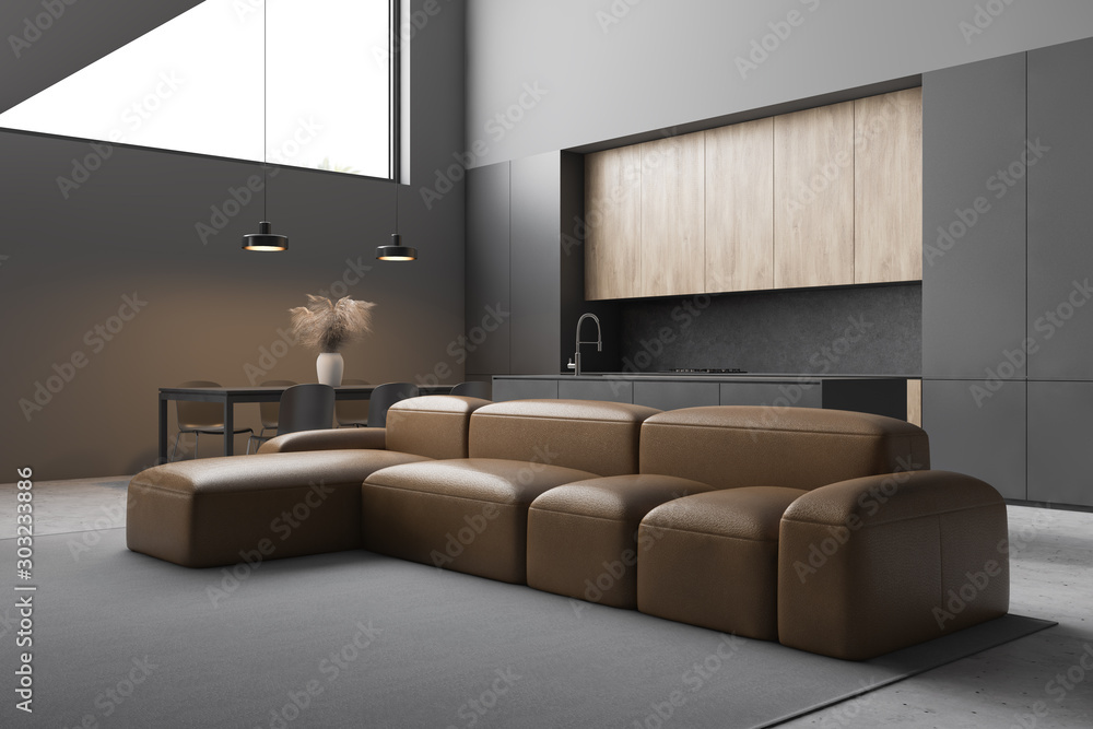 Leather sofa in modern living room and kitchen - obrazy, fototapety, plakaty 