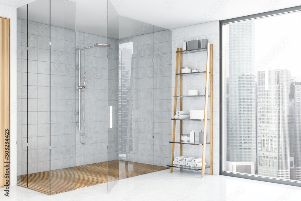 White tile bathroom corner with shower - obrazy, fototapety, plakaty 