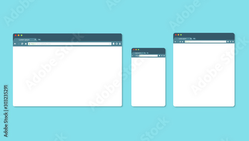 Browser windows. Browser in flat style. Internet windows for laptop, phone and tablet. Vector illustration