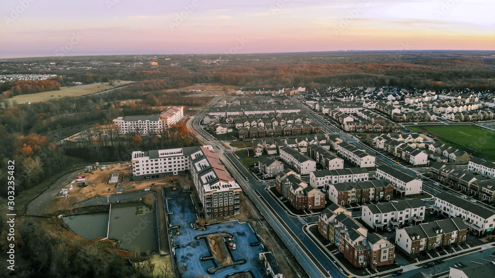 An aerial view of Clarksburg, Maryland at sunset