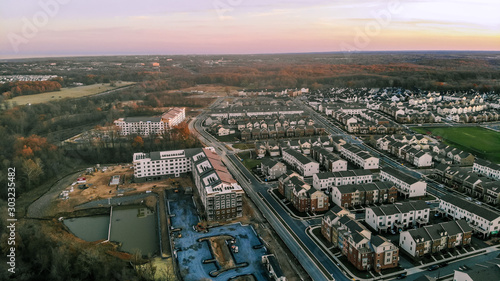 An aerial view of Clarksburg, Maryland at sunset photo