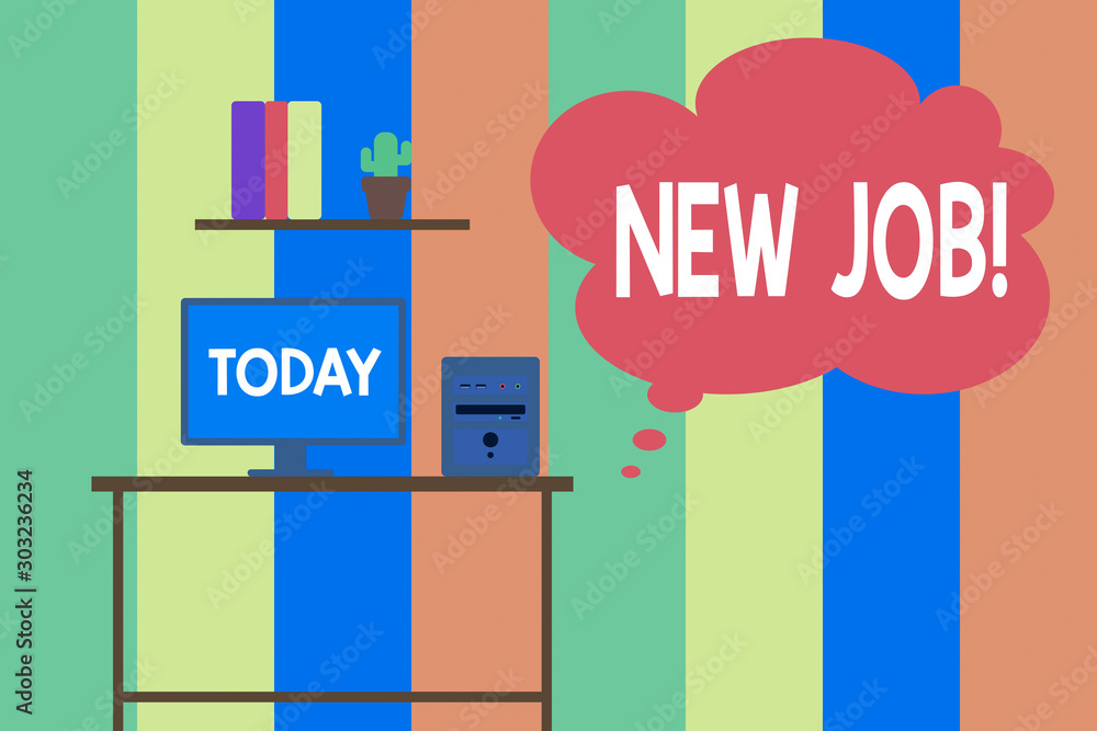 Text sign showing New Job. Business photo showcasing recently having paid position of regular employment Desktop computer wooden table background shelf books flower pot ornaments Text sign showing New Job. Business photo showcasing recently having paid position of regular employment Desktop computer wooden table background shelf books flower pot ornaments