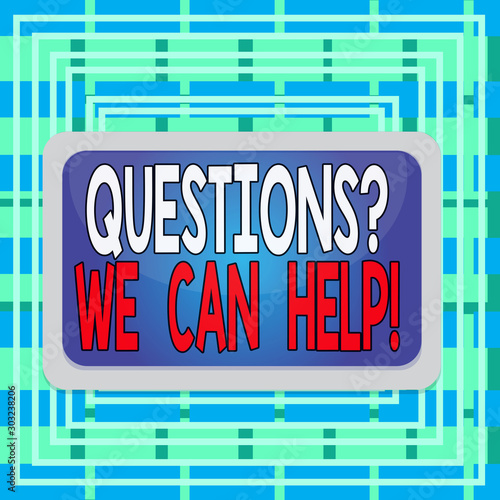Text sign showing Questionsquestion We Can Help. Business photo text offering help to those who wants to know Board rectangle white frame empty blank space fixed color surface plank