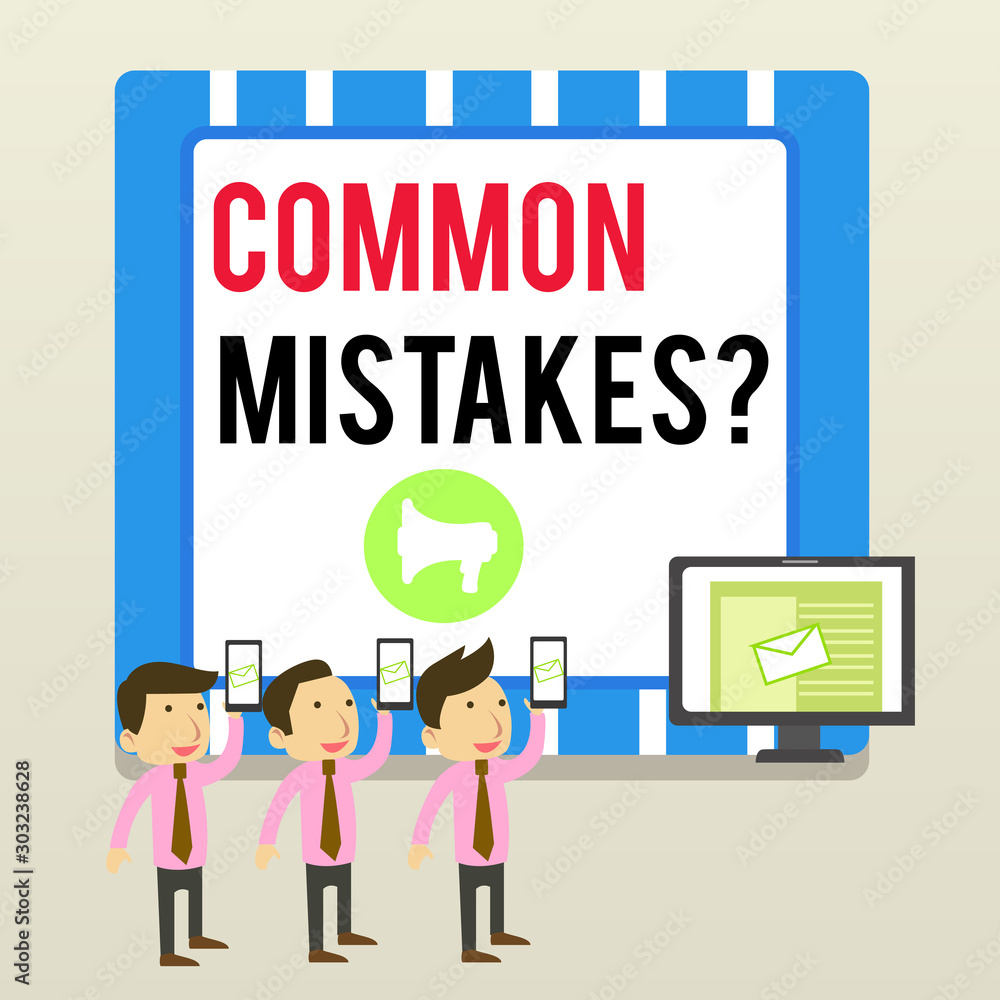 Word writing text Common Mistakes question. Business photo showcasing repeat act or judgement misguided or wrong SMS Email Marketing Media Audience Attraction Personal Computer Loudspeaker Word writing text Common Mistakes question. Business photo showcasing repeat act or judgement misguided or wrong SMS Email Marketing Media Audience Attraction Personal Computer Loudspeaker