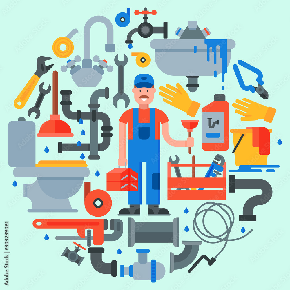 Fototapeta premium Plumbing service round vector illustration. Professional plumber man is standing surrounded by accessories, tools and equipment.