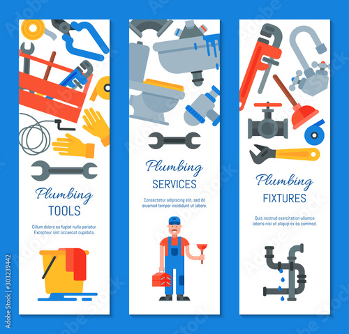 Vertical banners of plumbing tools, fixtures and services vector illustration. Plumber with plunger and suitcase repairing appliances. Home repair service